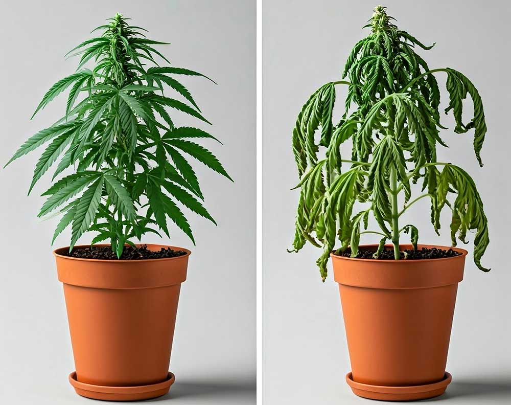 two cannabis plants showing the difference between a healthy cannabis plant and a overwatered or underwatered plant